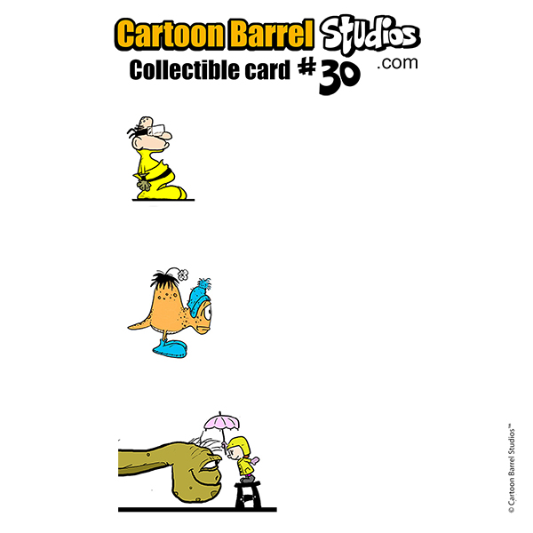 Cartoon Barrel Studios Collectible Card No. 30: 3 Spot drawings.